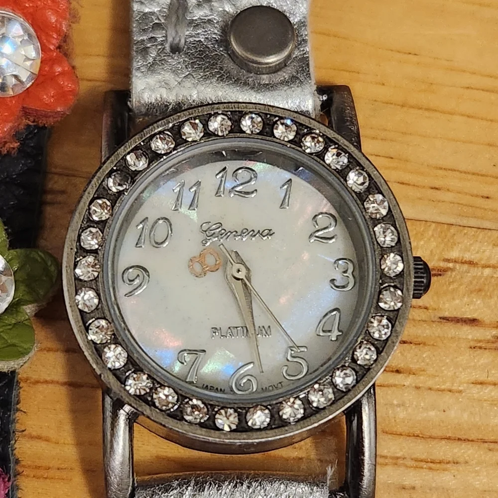 Women's Black Floral Wrap Watch with Rhinestone Accents UNTESTED USED